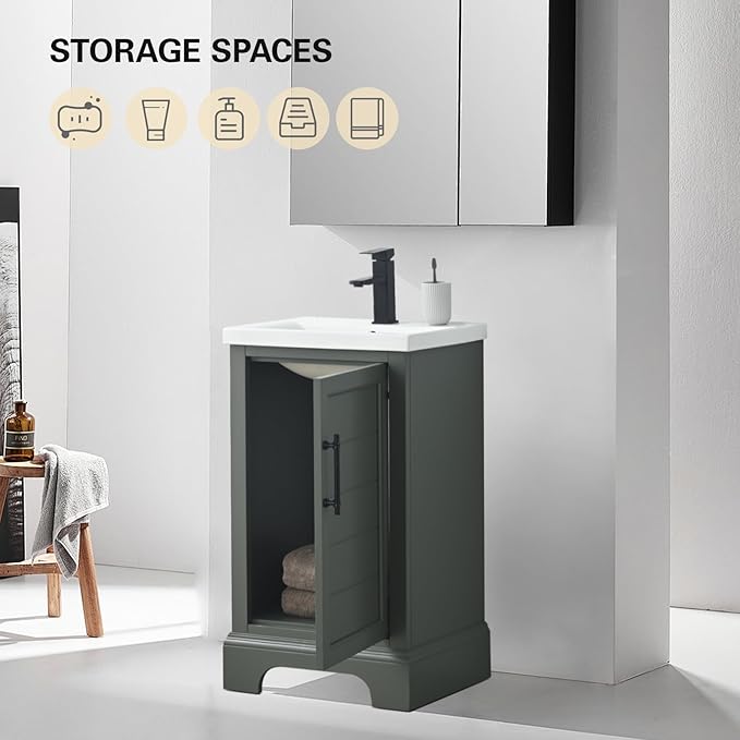 HOMEBEYOND 20 Inch Bathroom Vanity with Single Sink & Ceramic Top, Vanity Cabinet with Center Countertop Basin, Soft-Closing Doors, Vintage Green