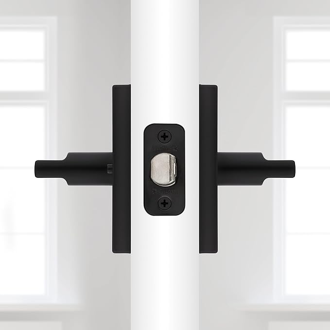 Kwikset Halifax Interior Privacy Door Handle with Lock, Door Lever For Bathroom and Bedroom, Matte Black Reversible Keyless Push Button Lock Door Lever, with Microban Protection