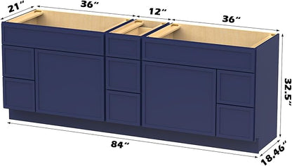 HomeBeyond 84 Inches Bathroom Vanity Base Cabinet Without Sink, Double Sink Top with Door & Soft Closing Drawers, Sturdy Floor Mounted Cabinet 2-Door 7-Drawer, Blue