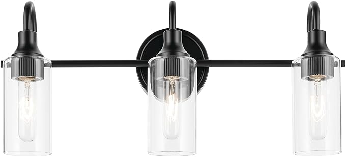 Kichler Kavi 23" 3-Light Vanity Light with Clear Glass in Black, Damp Rated, for Bathroom, Powder Room, Over a Mirror, (23" W x 10" H), 55211BK