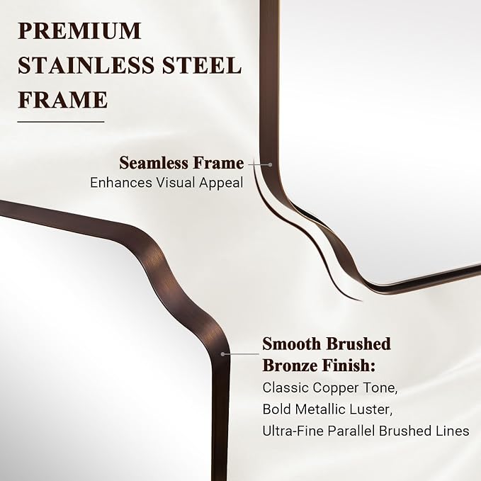 Brushed Bronze Scalloped Mirror, 24"x32" Bathroom Vanity Mirror, Unique Rectangular Bathroom Mirror with Stainless Steel Metal Framed, Wall Mounted Decorative Mirror (Horizontal/Vertical)