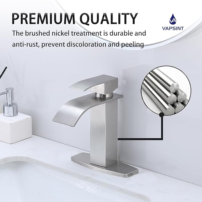 VAPSINT Brushed Nickel Waterfall Bathroom Faucet, Modern Single Handle Bathroom Sink Faucet for 1 or 3 Hole, Stainless Steel Deck Mount Vanity Washbasin Faucets with Deck Plate and Pop-up Drain