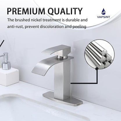 VAPSINT Brushed Nickel Waterfall Bathroom Faucet, Modern Single Handle Bathroom Sink Faucet for 1 or 3 Hole, Stainless Steel Deck Mount Vanity Washbasin Faucets with Deck Plate and Pop-up Drain