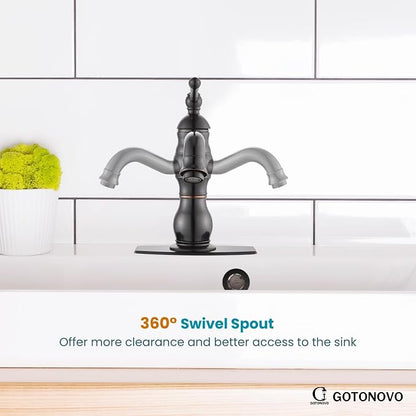 gotonovo Bathroom Faucet 1 Hole Vintage,Oil Rubbed Bronze,5.9” Spout Reach | Bathroom Sink Faucet for 1 or 3 Hole Single Handle,Deck Plate,360° Swivel Spout,Pop Up Drain,cUPC Supply Hoses,for Vanity RV