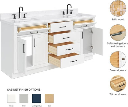 ARIEL Hepburn 72-inch Bathroom Vanity with Sink,Solid Wood, 1.5-inch Carrara White Quartz Countertop & Backsplash, Double Rectangular Porcelain Sink, 4 Soft Closing Doors, 6 Dovetail Drawers, White
