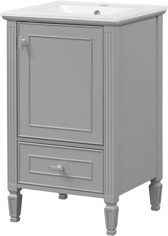Merax 20 Inch Small Bathroom Vanity with Sink, Vanity Cabinet with Bottom Drawer and Door Rack Organizer, Adjustable Shelf, Grey