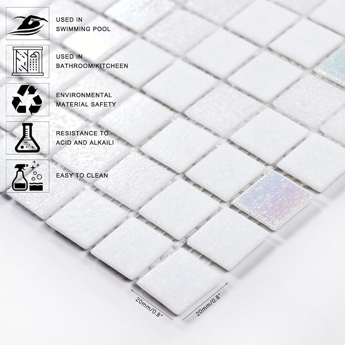 11.5sq.ft Iridescent White Glass Mosaic Tile for Bathroom, Pool, Backsplash | Waterproof Wall & Floor Tile. Heat & frost resistant outdoors. Mesh-mounted easy install. Use any grout. Easy clean. 10pcs.