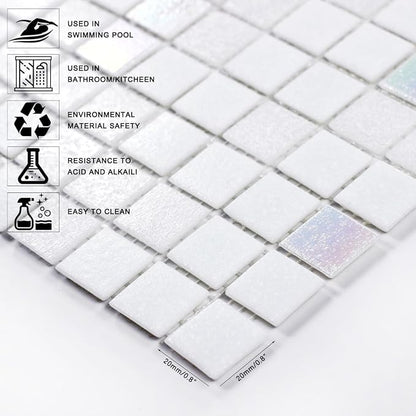 11.5sq.ft Iridescent White Glass Mosaic Tile for Bathroom, Pool, Backsplash | Waterproof Wall & Floor Tile. Heat & frost resistant outdoors. Mesh-mounted easy install. Use any grout. Easy clean. 10pcs.