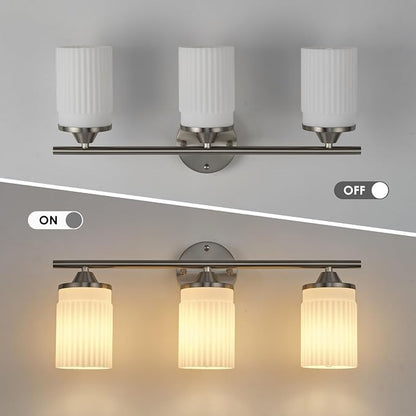 Jonsi Nickel Bathroom Light Fixtures 3-Light Vanity Lights Modern Wall Sconce with Milk White Shade Brushed Nickel Bathroom Light Fixture Over Mirror for Bedroom Hallway Kitchen