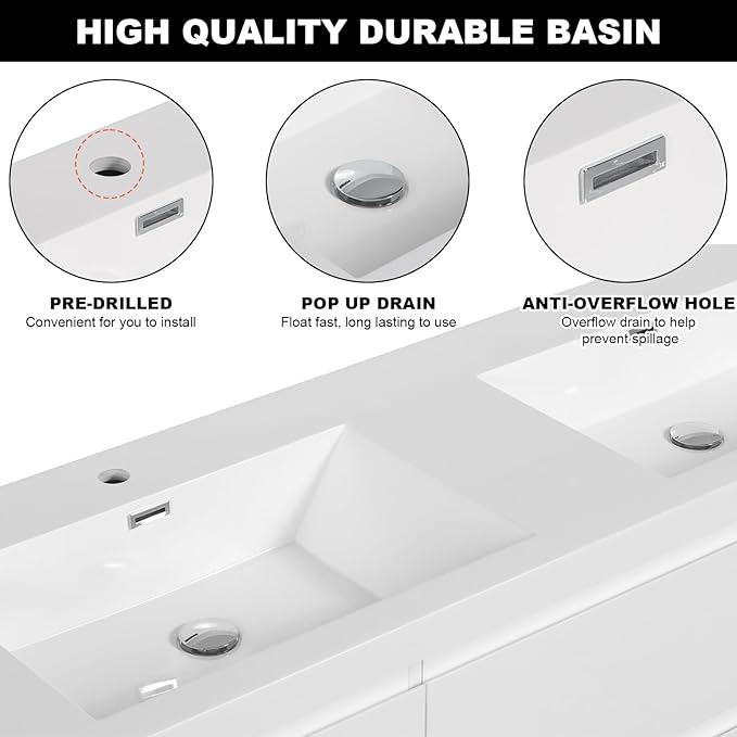 Wall Mounted 60 Inch Bathroom Vanity with Sink, Floating Vanity Bathroom, Double Sink Bathroom Vanity, 2 Drawers, 2 Soft Closing Doors, Resin Integrated Sink (Glossy White)