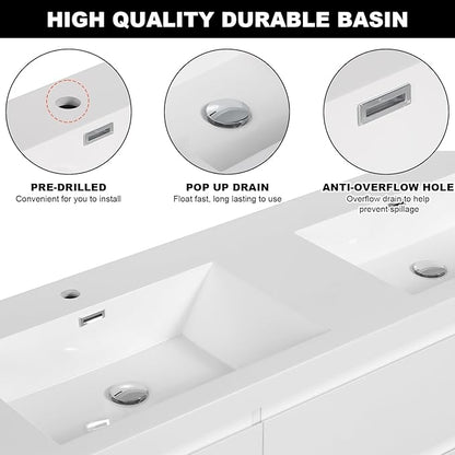 Wall Mounted 60 Inch Bathroom Vanity with Sink, Floating Vanity Bathroom, Double Sink Bathroom Vanity, 2 Drawers, 2 Soft Closing Doors, Resin Integrated Sink (Glossy White)