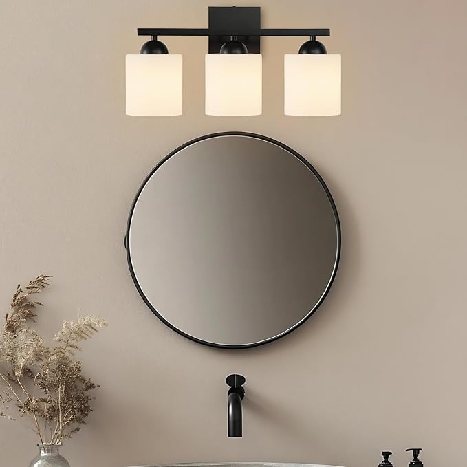 3-Light Matte Black Bathroom Vanity Light, Modern Bathroom Light Fixtures Over Mirror, Farmhouse Wall Sconce with Milky White Glass Shades, E26 Socket