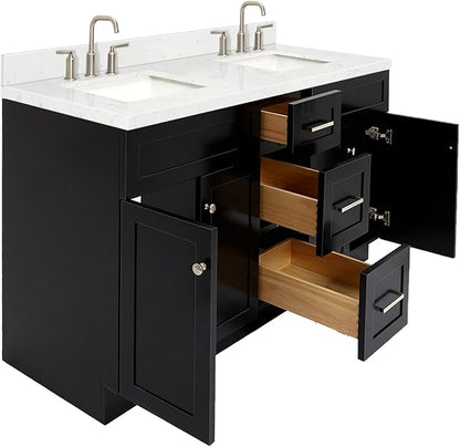 ARIEL Hamlet 60-inch Bathroom Vanity with Sink,Solid Wood, 1.5-inch Carrara White Quartz Countertop & Backsplash, Double Rectangular Porcelain Sink, 4 Soft Closing Doors, 3 Dovetail Drawers, Black