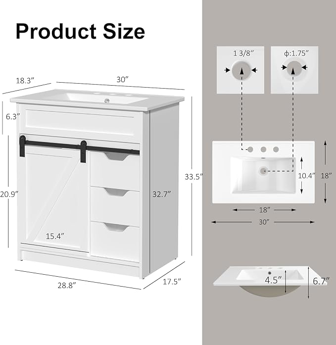 30" Bathroom Vanity with Sink, Bathroom Vanity Set with Sliding Barn Door & 3 Drawers, Freestanding Bathroom Vanities with Metal Handle, Farmhouse Bathroom Cabinet, White