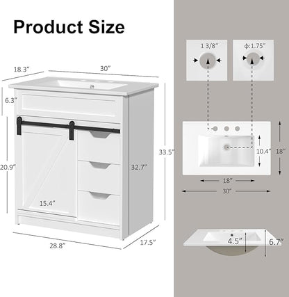 30" Bathroom Vanity with Sink, Bathroom Vanity Set with Sliding Barn Door & 3 Drawers, Freestanding Bathroom Vanities with Metal Handle, Farmhouse Bathroom Cabinet, White
