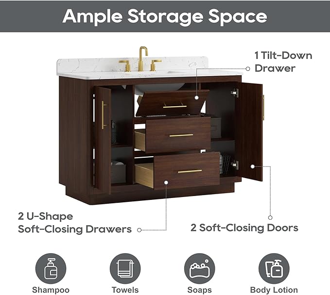 48 Inch Bathroom Vanity with Sink, Solid Wood Frame with Engineered Marble Countertop, Fully-Assembled Vanity with Soft-Close Drawers, Adjustable Feets, Warm Elm