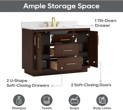 48 Inch Bathroom Vanity with Sink, Solid Wood Frame with Engineered Marble Countertop, Fully-Assembled Vanity with Soft-Close Drawers, Adjustable Feets, Warm Elm