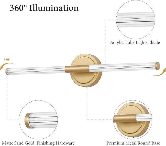 URSOLA 24" Modern LED Bathroom Light Fixtures, Satin Brass 3CCT Dimmable Bathroom Vanity Light Over Mirror, Bathroom Vanity Bath Bar Lights with 360° Removable Acrylic Light Tube