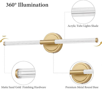 URSOLA 24" Modern LED Bathroom Light Fixtures, Satin Brass 3CCT Dimmable Bathroom Vanity Light Over Mirror, Bathroom Vanity Bath Bar Lights with 360° Removable Acrylic Light Tube