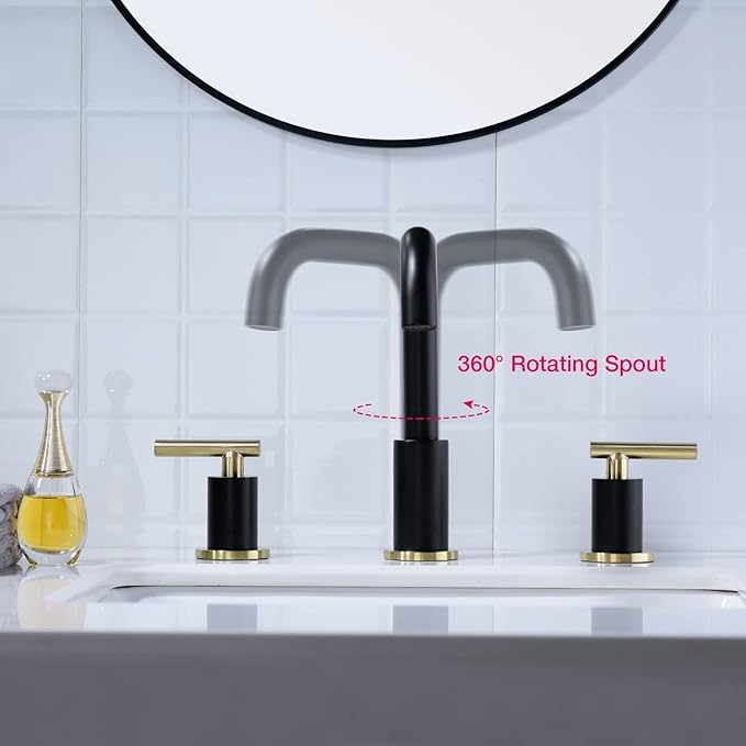TRUSTMI Brass Bathroom Faucet 2 Handle 8 Inch Widespread Vanity Sink Mixer Faucet with Overflow Pop Up Drain Assembly, Matte Black and Brushed Gold