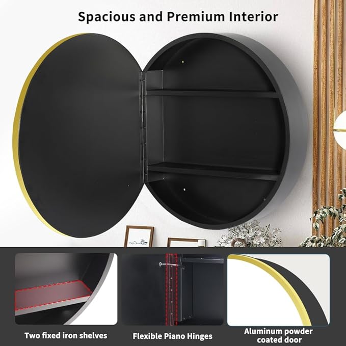 Movo 28 Inch x 28 Inch Bathroom Round Aluminum Medicine Cabinet with Mirror, Circular Storage Cabinet Surface Mounted Gold