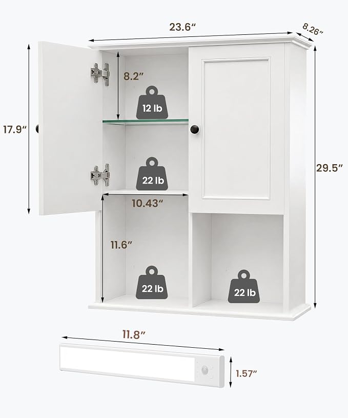 HAIOOU 23.6 inch Bathroom Wall Cabinet with Motion Sensor Light - White | Wall Mount Medicine Cabinet with Recessed Panel Doors, Adjustable Glass Shelf, Soft Close Hinges for Over the Toilet Storage