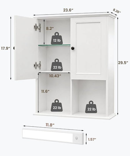 HAIOOU 23.6 inch Bathroom Wall Cabinet with Motion Sensor Light - White | Wall Mount Medicine Cabinet with Recessed Panel Doors, Adjustable Glass Shelf, Soft Close Hinges for Over the Toilet Storage
