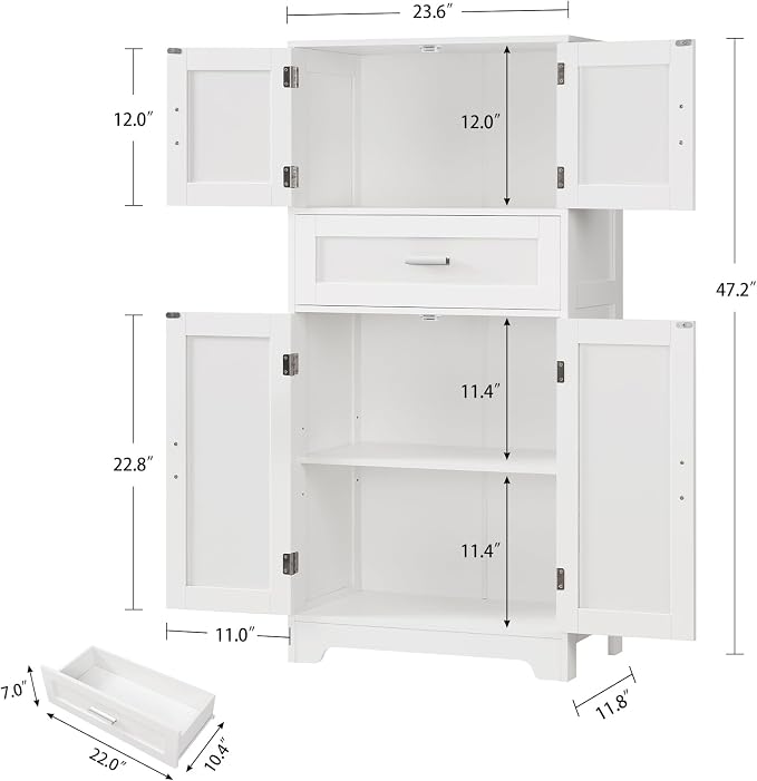 TEENFON Bathroom Storage Cabinet with Adjustable Shelf & Large Drawer | Tall Storage Cabinet with 4 Doors, Kitchen Pantry Storage Cabinets, for Living Room, Dining Room, Entryway, White
