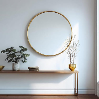 Gold Round Mirror 40 inch, Gold Bathroom Mirror,Brushed Metal Frame | Brushed Gold Metal Frame, High Definition, Rust-resistant, Easy installation, Restroom, Cloakroom, Guest Room, Hallway