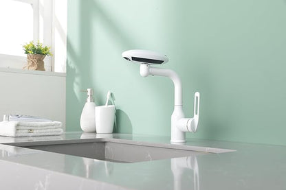 Bathroom Sink Faucet 1 Hole, White Multifunctional Basin Faucet with 4 Water Outlet Modes, Modern 360°Rotatable Bar Tap with Two Water Supply Pipes