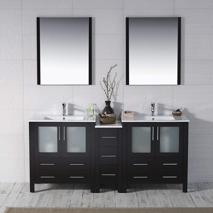 Blossom Luxury 72 Inch Solid Wood Bathroom Vanity Double Sink Set | Espresso Master Suite Vanity with Linen Cabinet | Modern Dual Sink Cabinet with Soft-Close Drawers & Tempered Glass Doors