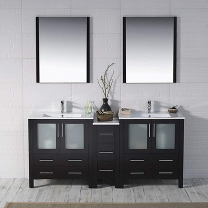 Blossom Luxury 72 Inch Solid Wood Bathroom Vanity Double Sink Set | Espresso Master Suite Vanity with Linen Cabinet | Modern Dual Sink Cabinet with Soft-Close Drawers & Tempered Glass Doors