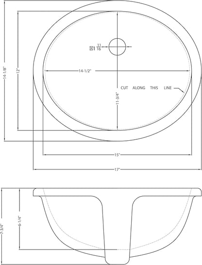 MSI 17.0” (L) x 14.125” (W) x 7.75” (H) Oval Porcelain Ceramic Undermount Bathroom Vanity Vessel Sink, Bisque
