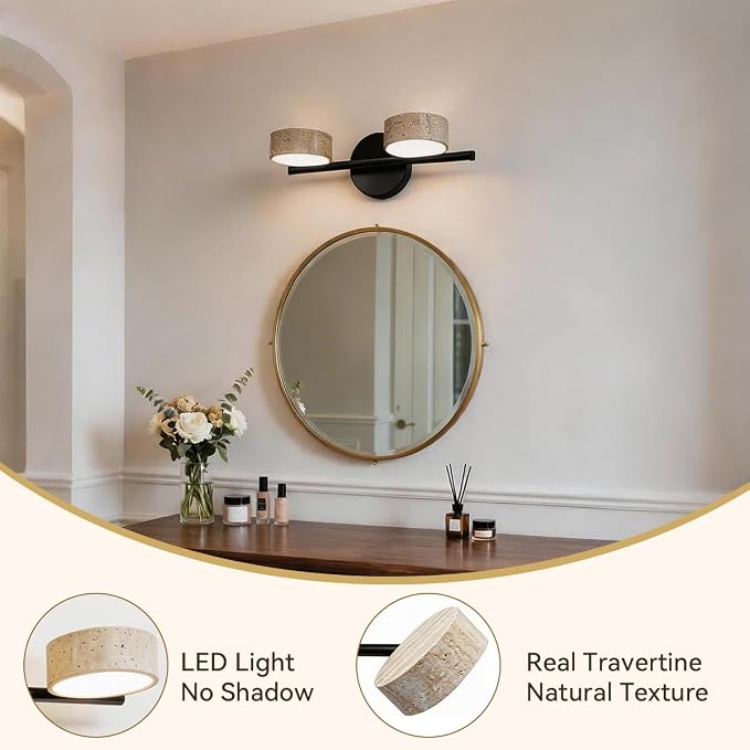 Led Bathroom Lighting Fixtures Over Mirror with 2 Travertine Shades,Vanity Lights Wall Lamp, 180° Rotatable Stone Lampshades Bathroom Lights, Modern Farmhouse Stone Sconces Black