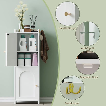 Small Bathroom Storage Cabinet,Corner Floor Cabinet with 2 Doors and Adjustable Shelf, Narrow Toilet Paper Cabinets with 2Hooks,Toilet Organizer for Small Spaces，7.87"D*9.84"W*29.72"H(White)