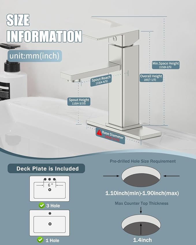 Bathroom Faucet-2 Sets, Brushed Bathroom Sink Faucets with Pop-up Drain and 6 Inch Deck Plate, Single Handle Modern Farmhouse RV Vanity Faucet for Vessel Sink (1~3 Holes)