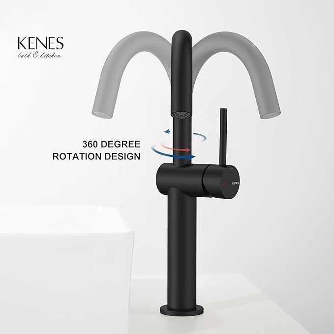 KENES Matte Black Tall Bathroom Vessel Sink Faucet, Single Handle Bathroom Faucet Single Hole, Tall Vanity Faucet with Pop Up Drain and Supply Lines, KE-9005C-2