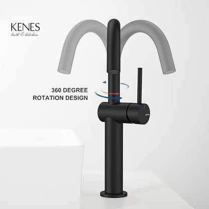 KENES Matte Black Tall Bathroom Vessel Sink Faucet, Single Handle Bathroom Faucet Single Hole, Tall Vanity Faucet with Pop Up Drain and Supply Lines, KE-9005C-2