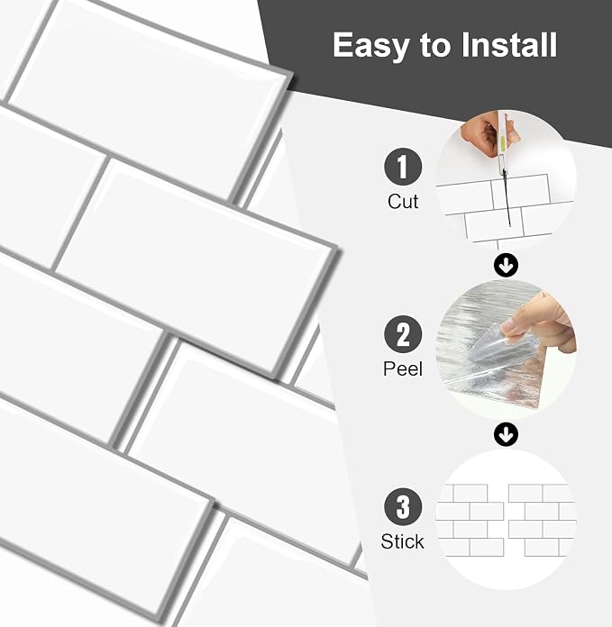 10 Sheets Thicker Peel and Stick Backsplash, Peel and Stick Tiles, Marble Look Wall Tiles Backsplash for Kitchen and Bathroom, Livingroom, 12"x9.8", White