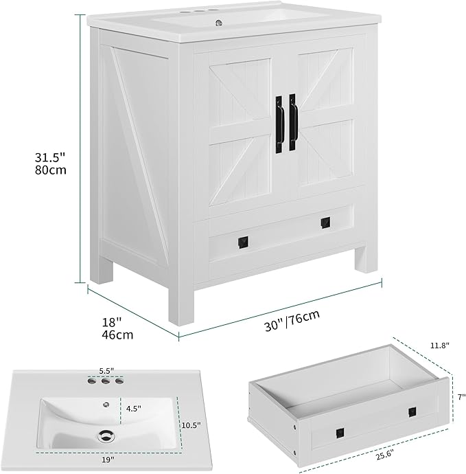 YITAHOME 30 Inch Farmhouse Bathroom Vanity with Sink, Small Space Bathroom Storage Cabinet with Large Drawer, 2 Wood Barn Doors with Built-in Door Racks