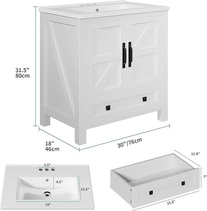 YITAHOME 30 Inch Farmhouse Bathroom Vanity with Sink, Small Space Bathroom Storage Cabinet with Large Drawer, 2 Wood Barn Doors with Built-in Door Racks