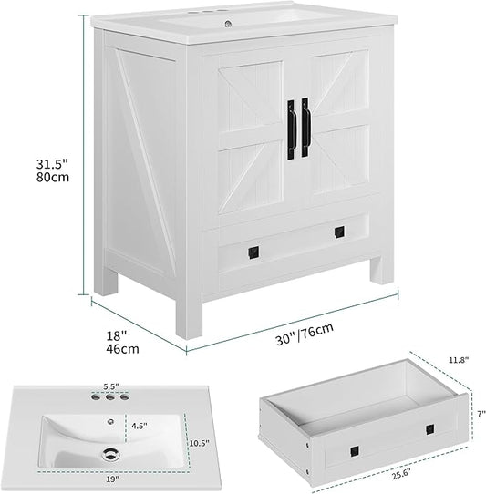 YITAHOME 30 Inch Farmhouse Bathroom Vanity with Sink, Small Space Bathroom Storage Cabinet with Large Drawer, 2 Wood Barn Doors with Built-in Door Racks