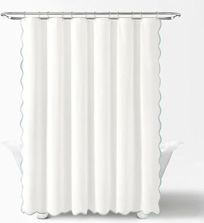 Lush Decor Coastal Chic Scallop Edge Linen-Textured Shower Curtain, Single 72" W x 72" L, Blue & White - Scalloped Shower Curtains - Coastal Bathroom Curtain