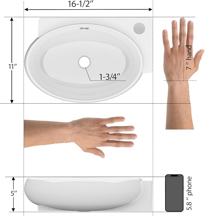 Mocoloo Wall Mounted Bathroom Sink Right Corner Floating Sinks with Faucet Hole 16" White ADA Compliant Ceramic Bathroom Sink Wall Hung Porcelain with Overflow Hole Hand Basin