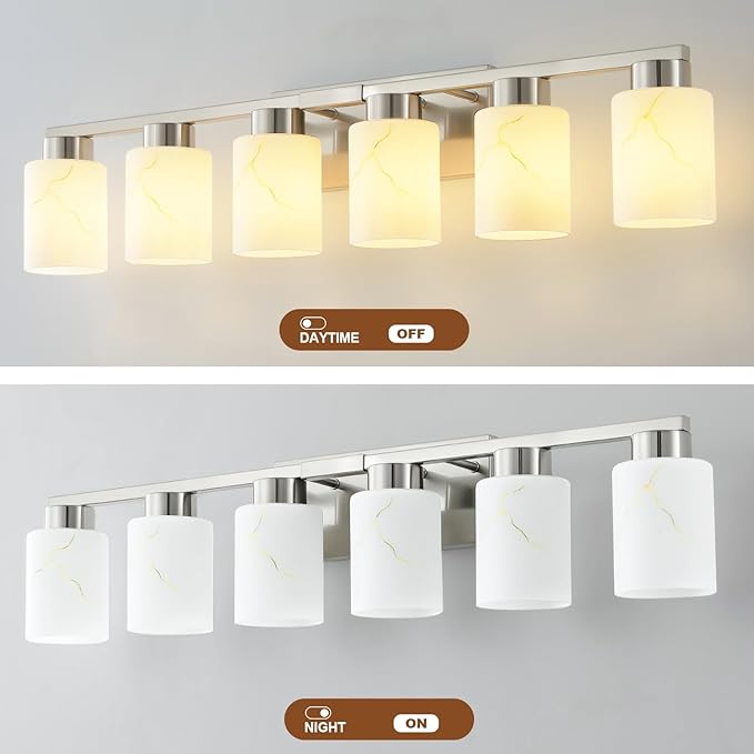 6-Light Bathroom Light Fixtures, Modern Vanity Lights, Brushed Nickel Metal Wall Lamp with White Marble Glass for Bathroom, Mirror, Living Room, Bedroom, Cabinet, Porch, Hallway, E26 Base