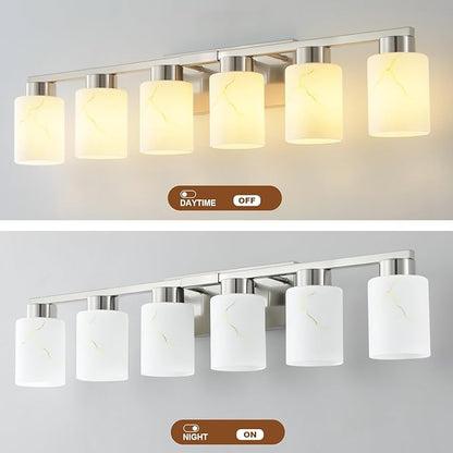 6-Light Bathroom Light Fixtures, Modern Vanity Lights, Brushed Nickel Metal Wall Lamp with White Marble Glass for Bathroom, Mirror, Living Room, Bedroom, Cabinet, Porch, Hallway, E26 Base