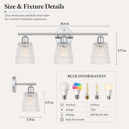 Chrome 3 Light Bathroom Vanity Lights with Textured Glass Shades, E26 Sockets, Bathroom Light Fixtures Over Mirror, Modern Lighting Fixtures Wall Lamp Vanity Lights