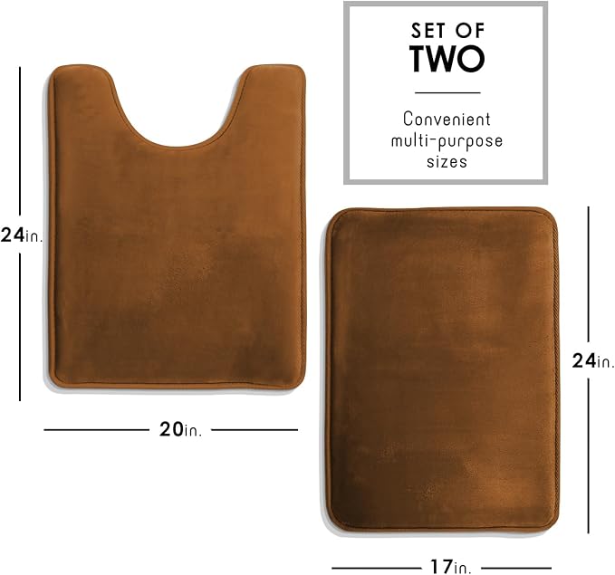 Clara Clark 2 Piece Bathroom Rugs, Velvet Memory Foam Bath Mat Set, Non-Slip Bath Rugs, Machine Wash, Dries Quickly, Ultra Soft Plush Bath Mats for Bathroom, 17 x 24 + Contour, Brown