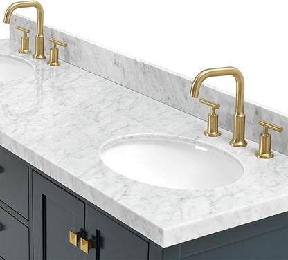 ARIEL Cambridge 66-inch Bathroom Vanity with Sink,Solid Wood, 1.5-inch Italian Carrara Marble Countertop, Double Oval Porcelain Sink, 4 Soft Closing Doors, 6 Dovetail Drawers, Midnight Blue
