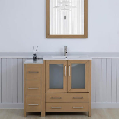 Vanity Art 42 Inch Under Mount Single Sink Bathroom Vanity Cabinet with 1 Mirror, Ceramic Top Bathroom Cabinet Compact Set with 5 Dovetail Storage Drawers, Brushed Nickel Handles, VA3030-42-NO